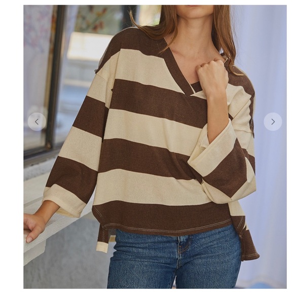 #07 So Cute Boho Color Block Striped V neck Loose Fit Top - Picture 3 of 6